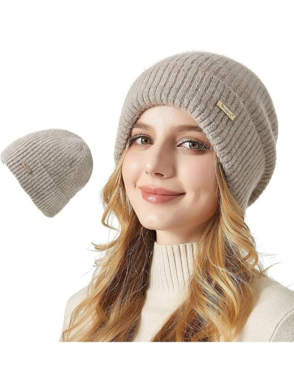 Warm Knit Beanie Hat for Women Thick Cotton Lined Slouchy Winter Skull Cap